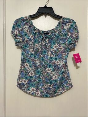 Floral Puff-Sleeve Peasant Blouse in Teal & Blue
